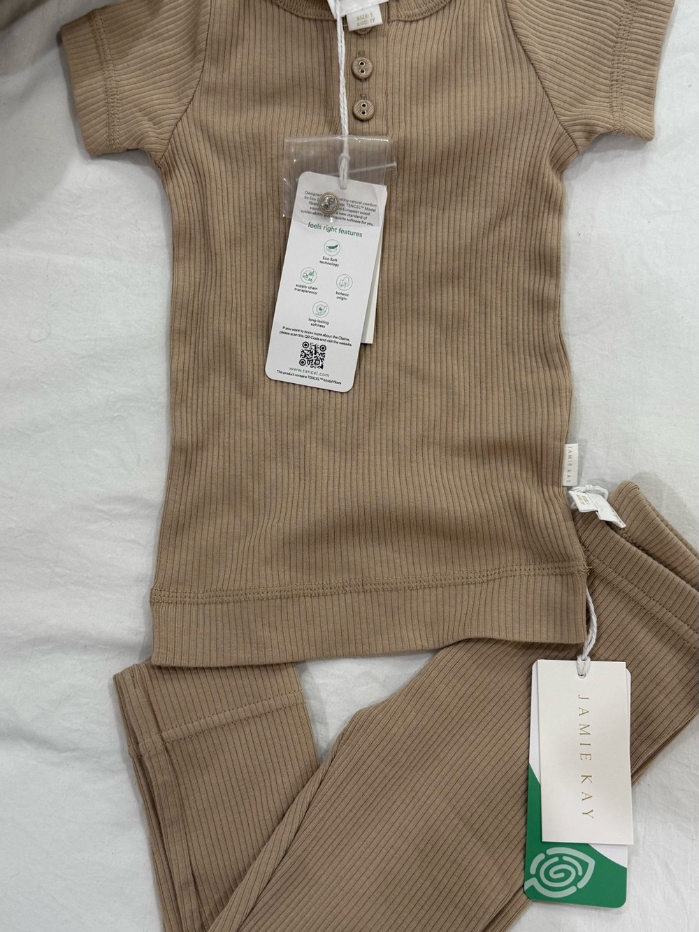 Jamie Kay Ribbed Short Sleeve Henley Top in Tan